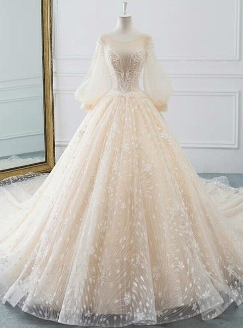 Champgne Ball Gown Tulle Sequins Puff Sleeve Backless WeddingDress