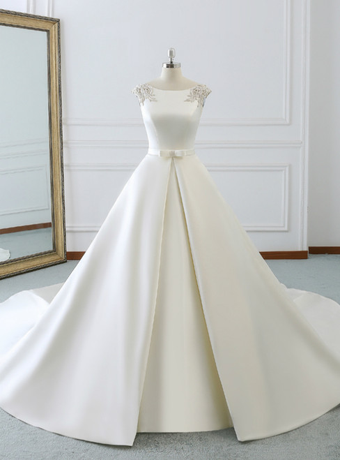 White Satin Cap Sleeve Backless Wedding Dress With Pearls