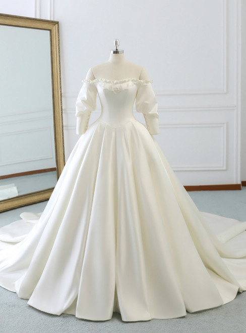 Ivory White Ball Gown Satin Off The Shoulder Puff Sleeve ...