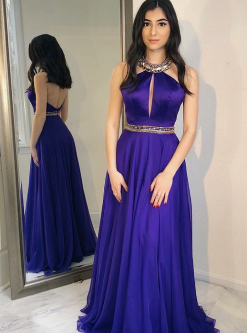 A-Line Halter Grape Chiffon Backless Prom Dress With Beading