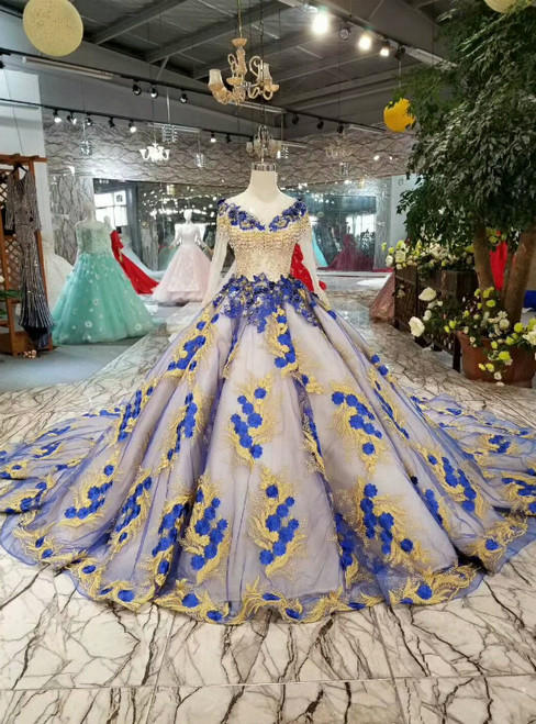 Royal Blue And Gold Lace Appliques Long Sleeve Wedding Dress With Long Train