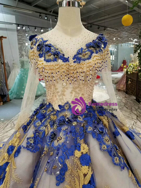 Royal Blue And Gold Lace Appliques Long Sleeve Wedding Dress With Long ...