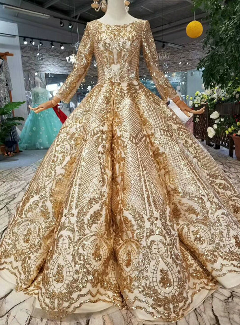 Gold Ball Gown Sequins Bling Bling Long Sleeve Floor Length Wedding Dress