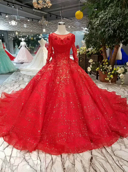 Red Ball Gown Sequins Long Sleeve Appliques Wedding Dress With Beading