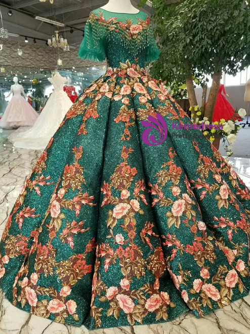 Green Ball Gown Sequins Embroidery Flower Short Sleeve Wedding Dress
