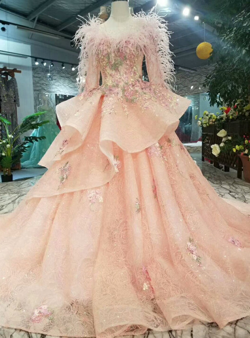 Orange Pink Tulle Long Sleeve Embroidery Appliques Wedding Dress With Feather