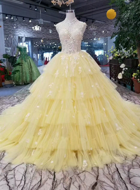 Yellow Tulle High Neck Corset Backless Appliqeus Wedding Dress With Long Train