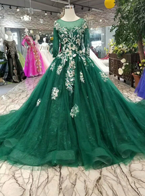 Green Tulle Long Sleeve Appliques Wedding Dress With Little Train