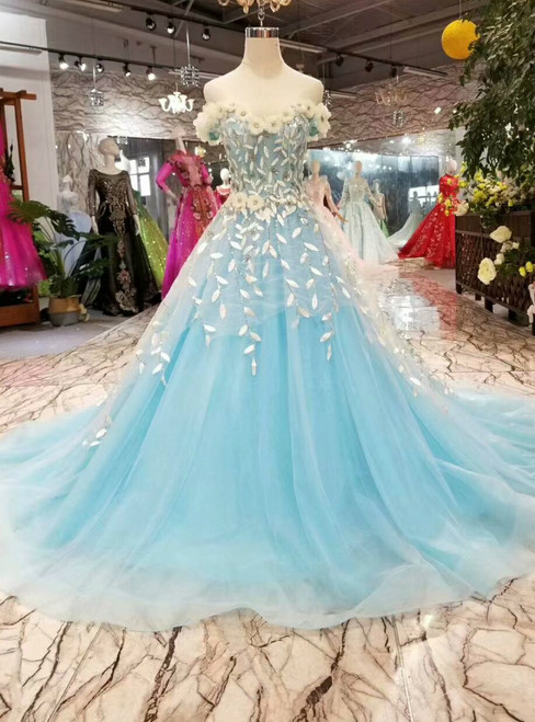 Ball Gown Blue Tulle White Appliques Off The Shoulder Wedding Dress