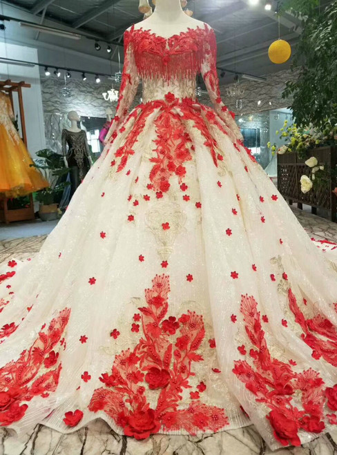 Champagne Tulle Red Flower Long Sleeve Wedding Dress With Beading