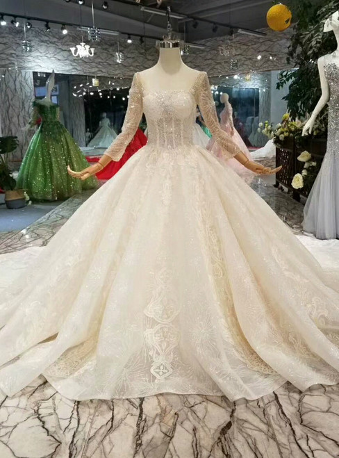 Light Champagne Square Neck Long Sleeve Sequins Lace Appliques Wedding Dress
