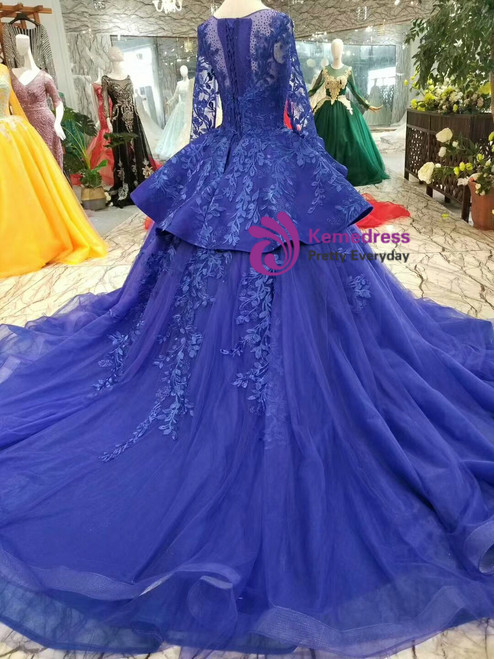 Blue Ball Gown Tulle Appliques Long Sleeve Wedding Dress