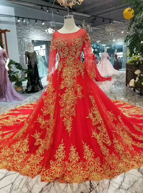 Red Ball Gown Tulle Gold Lace Appliques Long Sleeve Backless Wedding Dress With Train