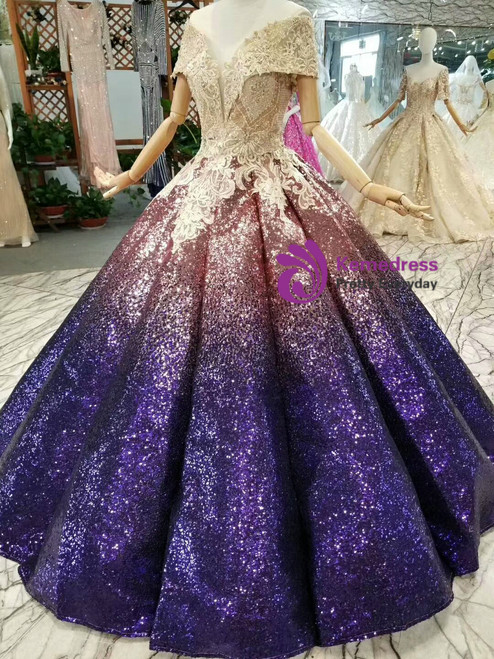 Pink Purple Ball Gown Sequins Appliques Off The Shoulder Wedding Dress