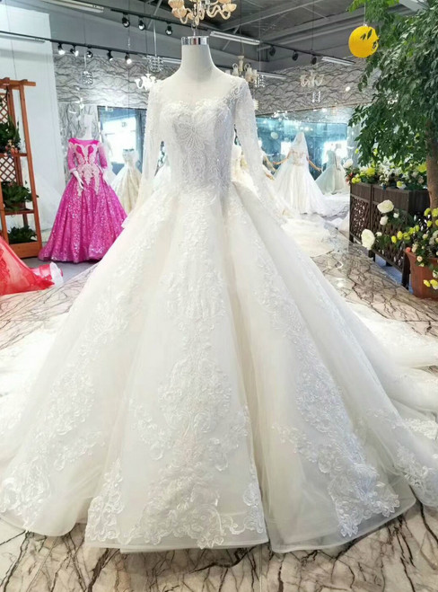 Ball Gown Tulle Appliques Long Sleeve Beading Wedding Dress With Train