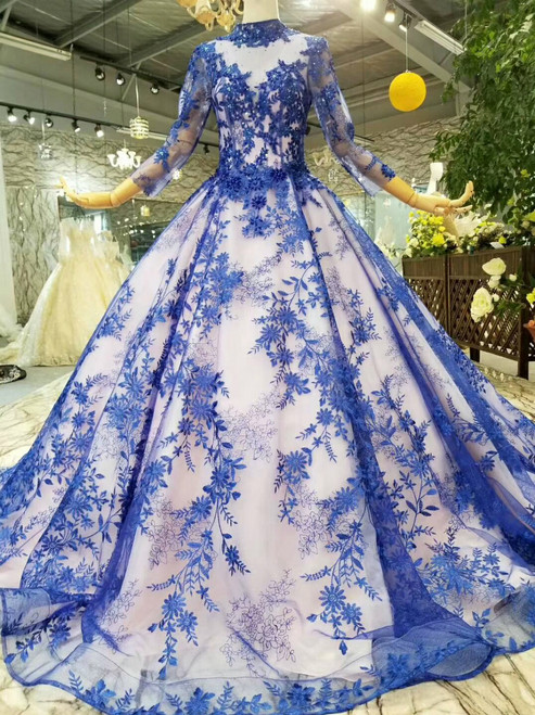 Blue Lace Appliques High Neck Long Sleeve Wedding Dress With Beading