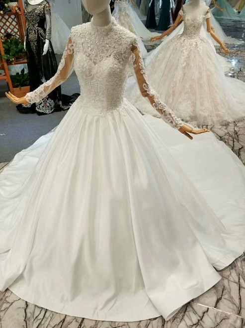 Ball Gown Satin Lace Appliques Long Sleeve High Neck Wedding Dress With Train