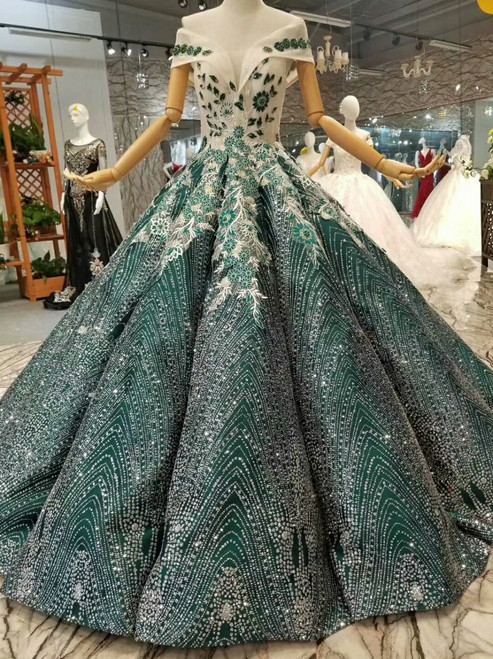 Green Ball Gown Sequins Appliques Off The Shoulder Floor Length Wedding Dress