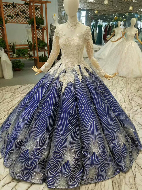 Blue Ball Gown Sequins Bling Bling Appliques Square Long Sleeve Wedding Dress