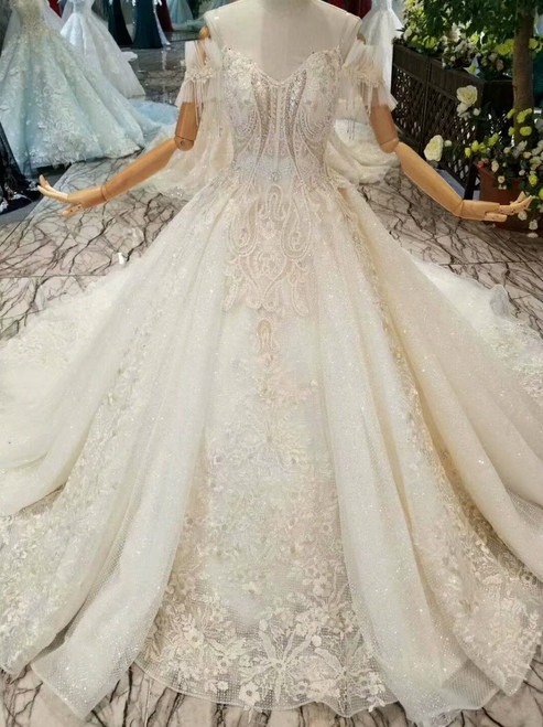 Champagne Tulle Sequins Lace Appliques Off The Shoulder Wedding Dress