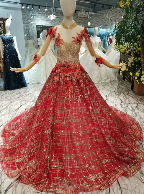 Red Ball Gown Tulle Sequins High Neck Backless Long Sleeve Appliques Wedding Dress