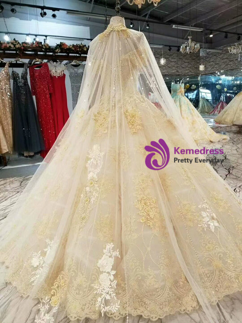 Tulle Off-the-shoulder Champagne Beading Ball Gown Wedding Dress main image 1