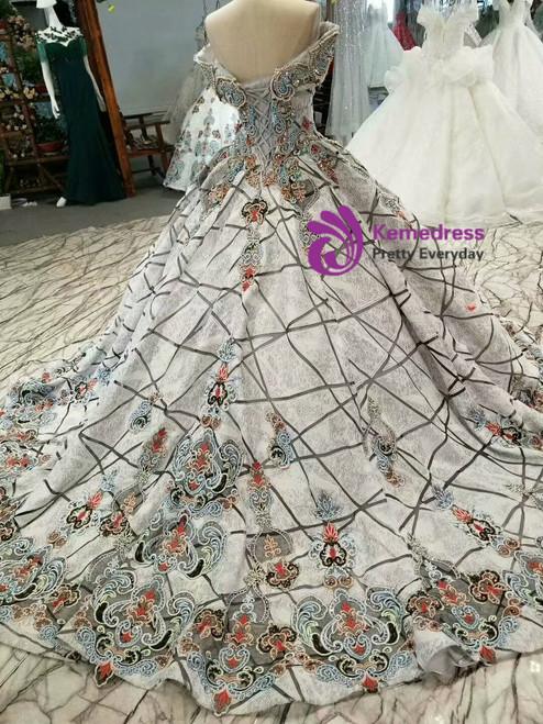 Gray Ball Gown Embroidery Beading Off The Shoulder Wedding Dress