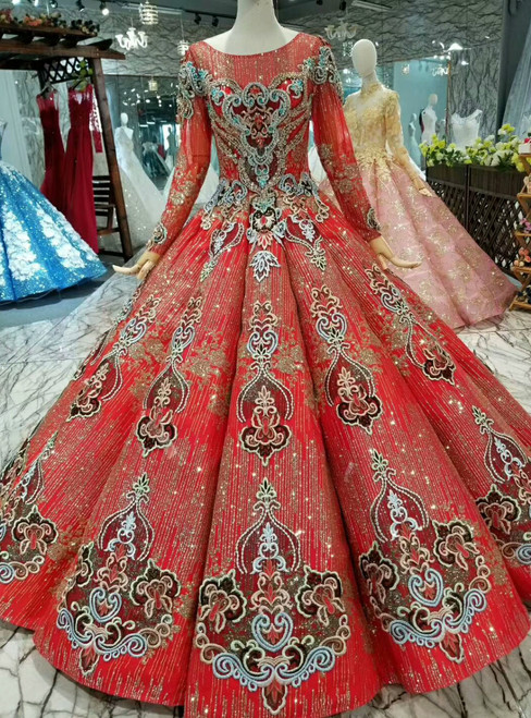 Red Ball Gown Sequins Long Sleeve Backless Embroidery Appliques Wedding Dress