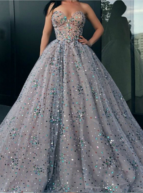 Ball Gown Sweetheart Tulle Rhinestone Long Sparkly Prom Dress