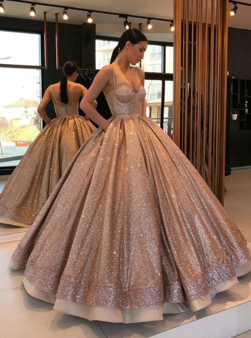 Champagne Spaghetti Straps Sweetheart Sequins Ball Gown Sweet 16 Dress With Pocket