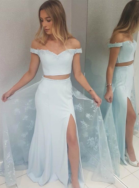 Light Blue Two Piece Off-the-Shoulder Appliques Prom Dress With Side Split