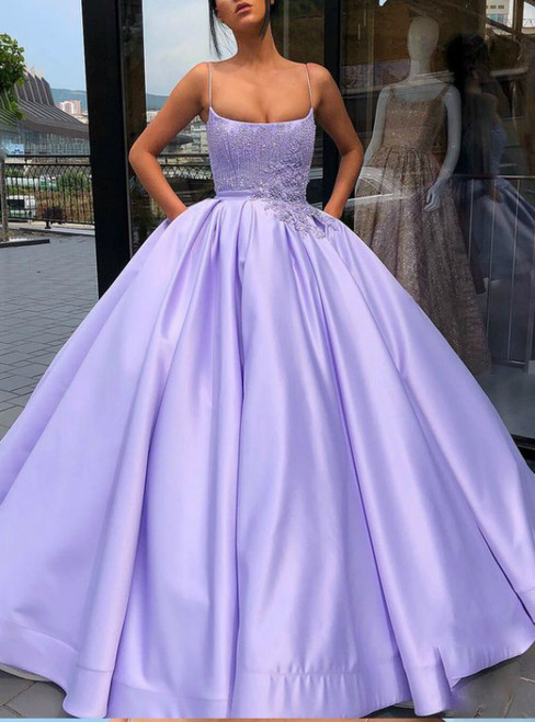 Purple Ball Gown Spaghetti Straps Satin Appliques Sweet 16 Dress With ...