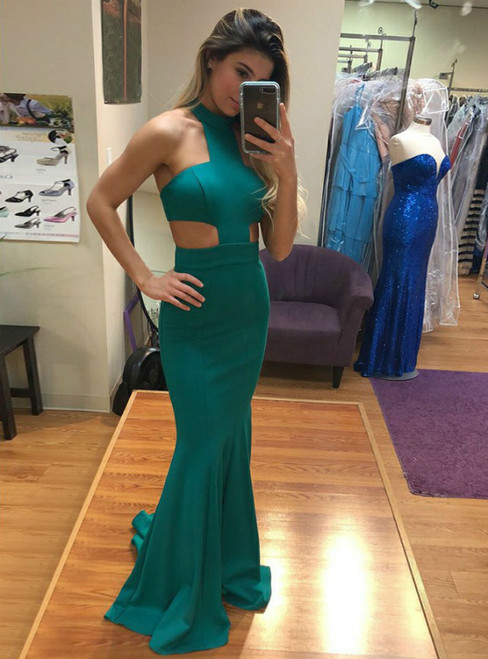 Green Satin Mermaid Jewel Cut-out Halter Long Prom Dress