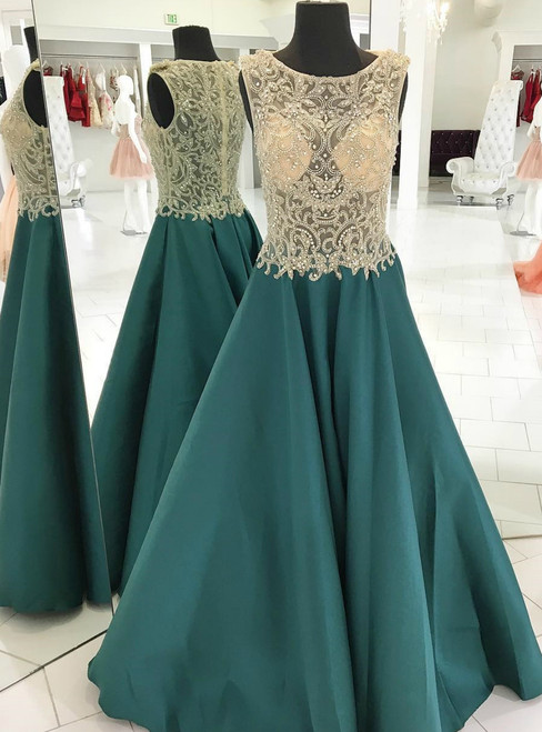 A-Line Green Satin See Through Top Beading Long Prom Dress