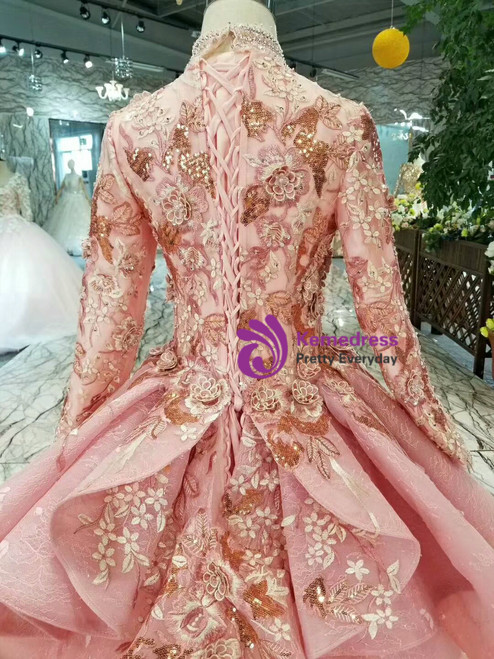 Pink Ball Gown High Neck Long Sleeve Appliques Beading Wedding Dress