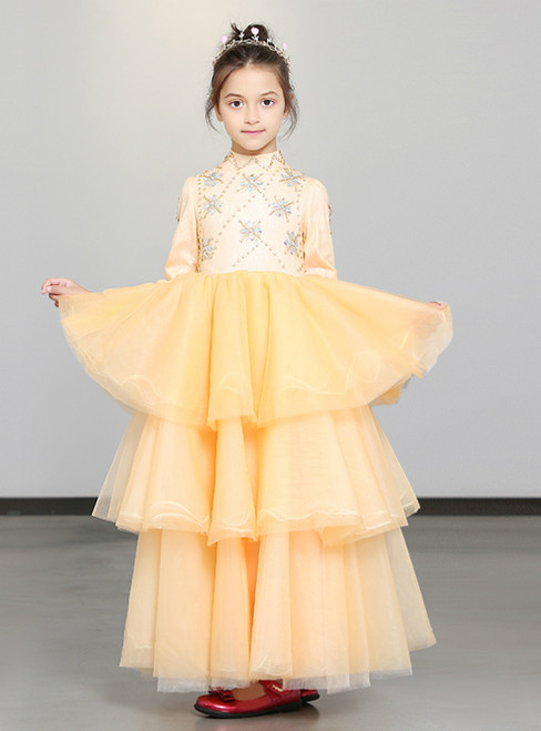 In Stock:Ship in 48 Hours Champagne Tulle High Neck Long Sleeve Girl Dress