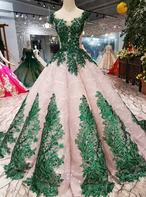 Pink Ball Gown Sequins Green Appliques Beading Cap Sleeve Wedding Dress