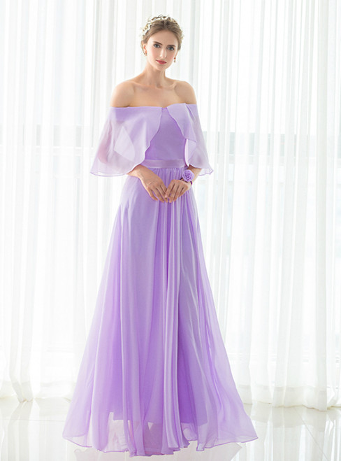 Simple Light Purple Chiffon Off The Shoulder Long Bridesmaid Dress
