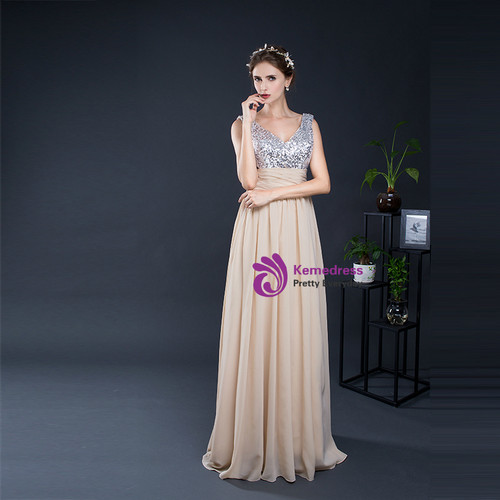 A-Line V-Neck Backless Sequins Top Chiffon Bridesmaid Dresses With Bow, BD0105