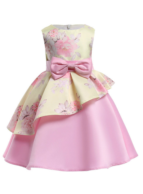 In Stock:Ship in 48 Hours Yellow And Pink Print Satin Flower Girl Dress