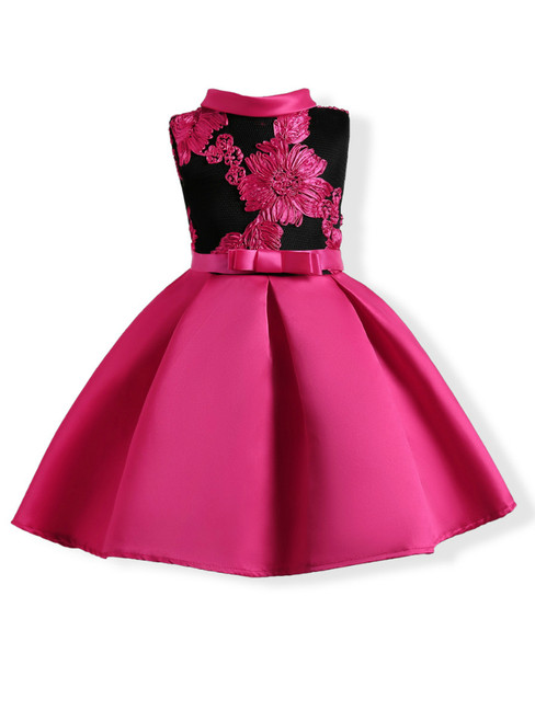 In Stock:Ship in 48 Hours Fuchsia Satin High Neck Flower Girl Dress