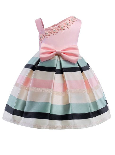 In Stock:Ship in 48 Hours Pink Satin One Shoulder Flower Girl Dress With Bow