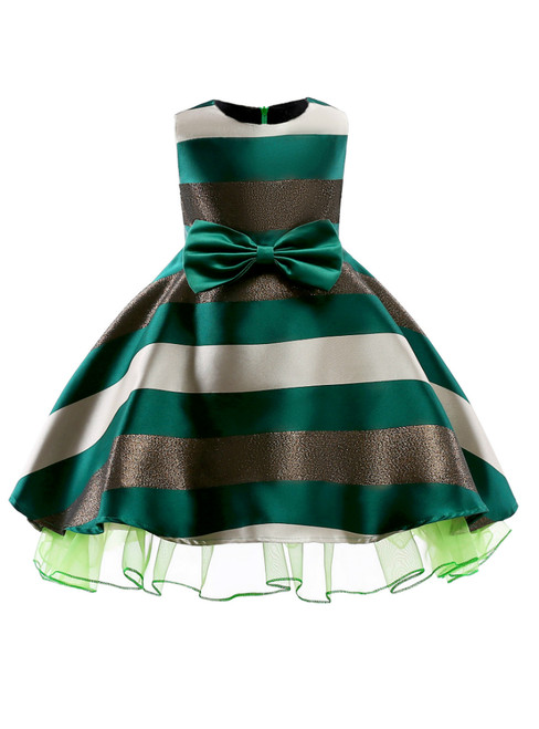 In Stock:Ship in 48 Hours Green Transverse Pattern Girl Dress With Bow