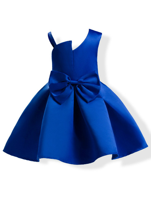 In Stock:Ship in 48 Hours Blue Satin One Shoulder Flower Girl Dress With Bow