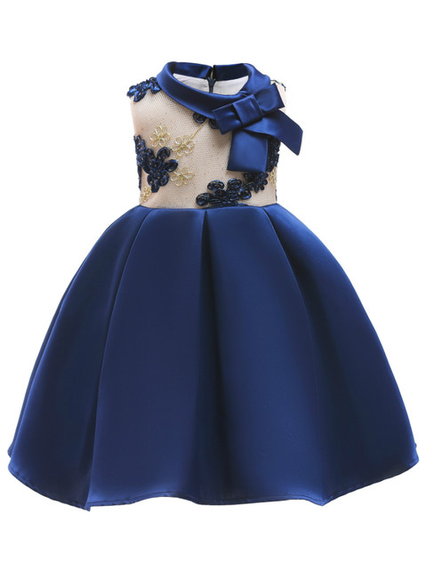 In Stock:Ship in 48 Hours Blue Satin High Neck Flower Girl Dress With Bow