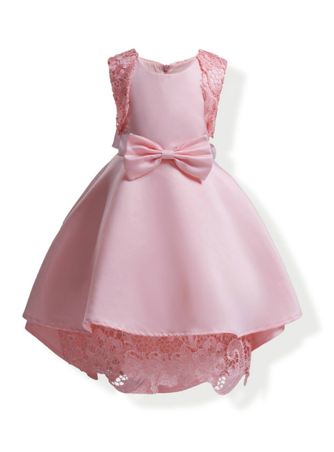 In Stock:Ship in 48 Hours Pink Satin Lace Flower Girl Dress With Bow