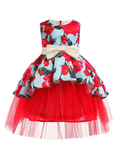 In Stock:Ship in 48 Hours Red Satin Tulle Print Flower Girl Dress With Bow