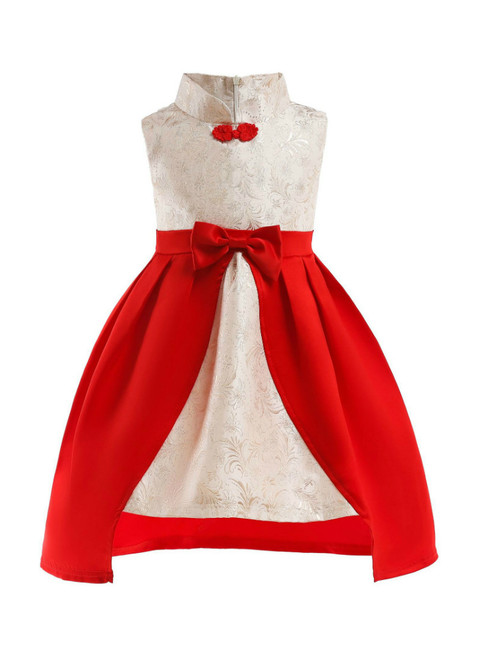 In Stock:Ship in 48 Hours Red Satin High Neck Princess Dress With Bow