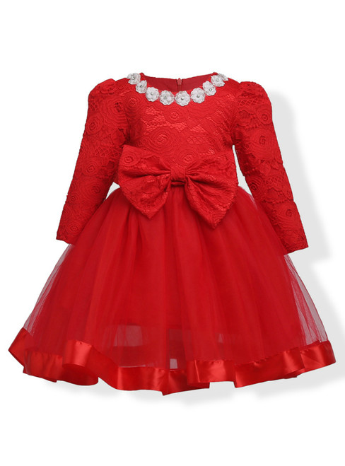 In Stock:Ship in 48 Hours Red Lace Tulle Long Sleeve Flower Girl Dress