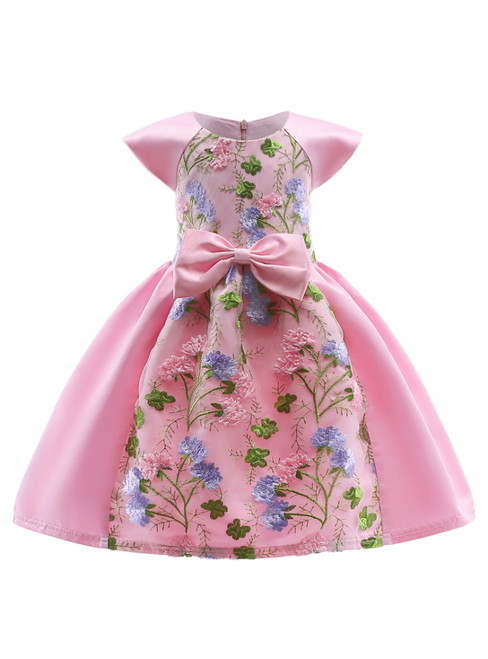 In Stock:Ship in 48 Hours Pink Satin Cap Sleeve Appliques Girl Dress